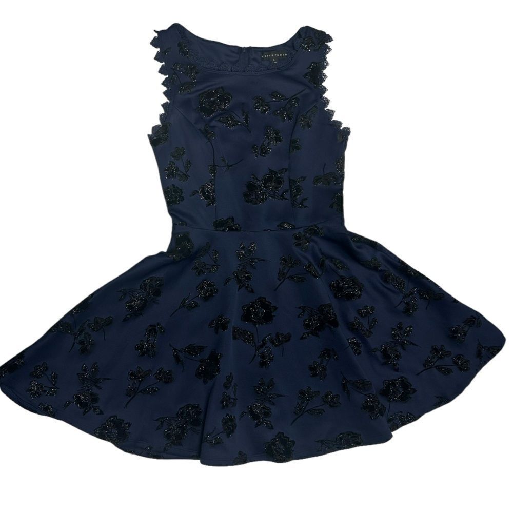 City Studio Floral Navy Dark Blue Sleeveless Circle Mini Dress Black Flowers